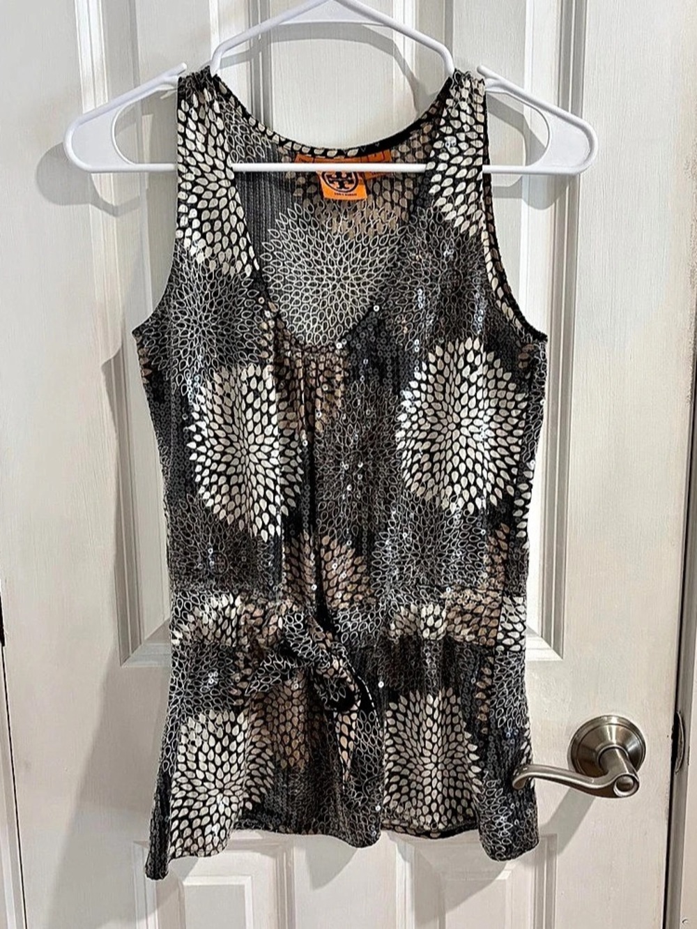 Tory Burch Silk Sequin Peplum Tank in Black & Brown Size 2